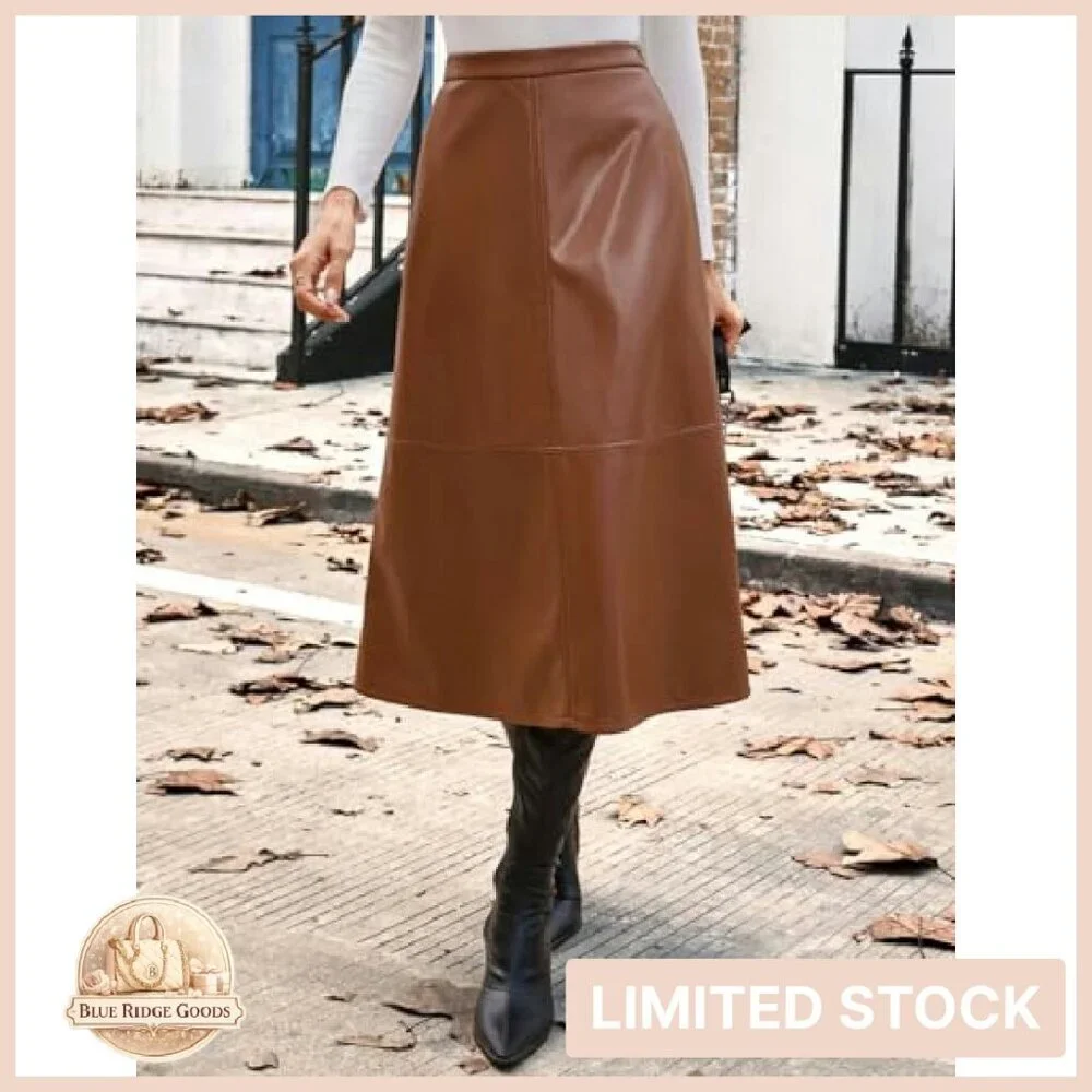 Faux Leather A-Line Midi Skirt High Waist Fall Winter Chic Elegant